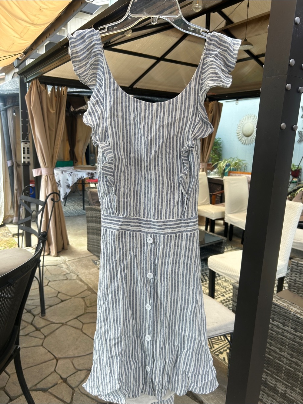 Lost + Wander Blue and White Striped A-Line Button-Front Midi Skirt Dress